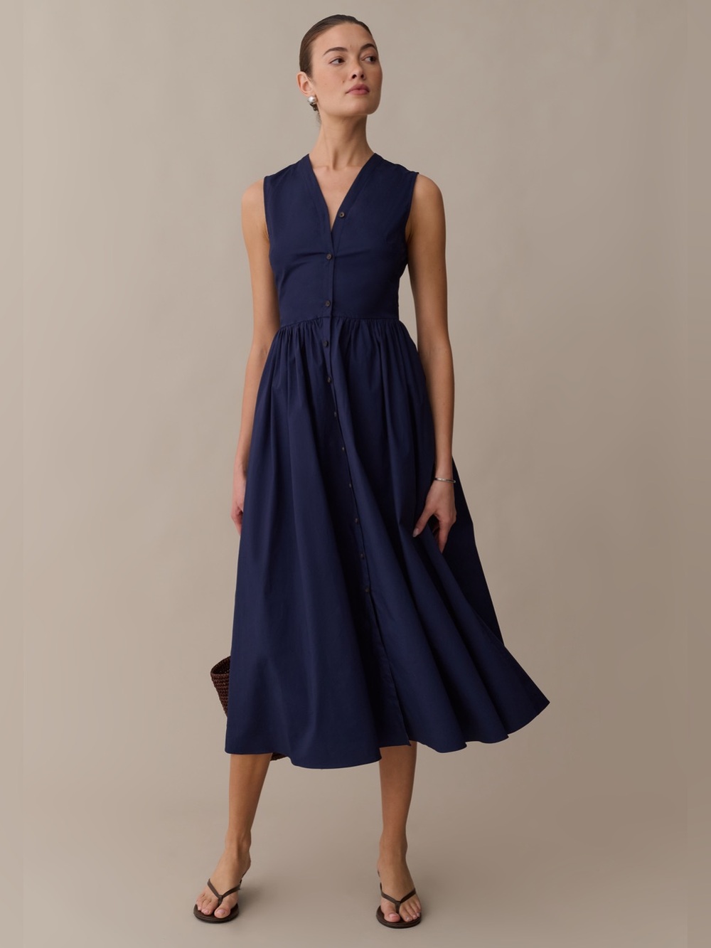 NWT o.p.t Mackenzie Cotton Midi Dress size XS navy blue button down few moda